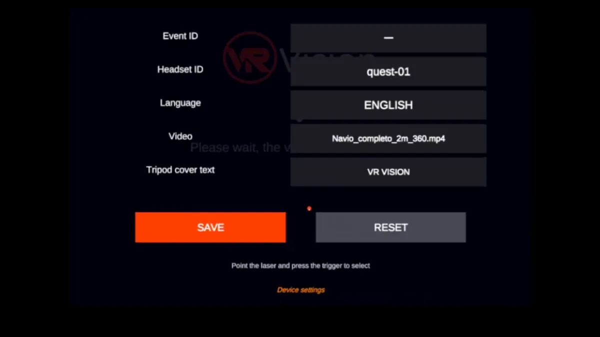 Tela real de configurações do Kiosk Player: ID do evento, ID do headset, idioma, vídeo ativo e texto de cobertura do tripé